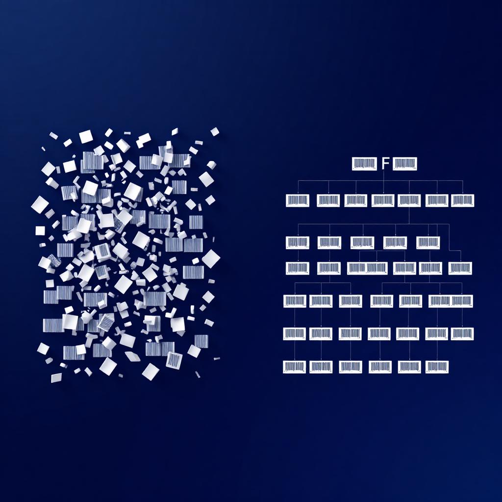 Fragmented product data on the left resolving into a standardized taxonomy hierarchy on the right