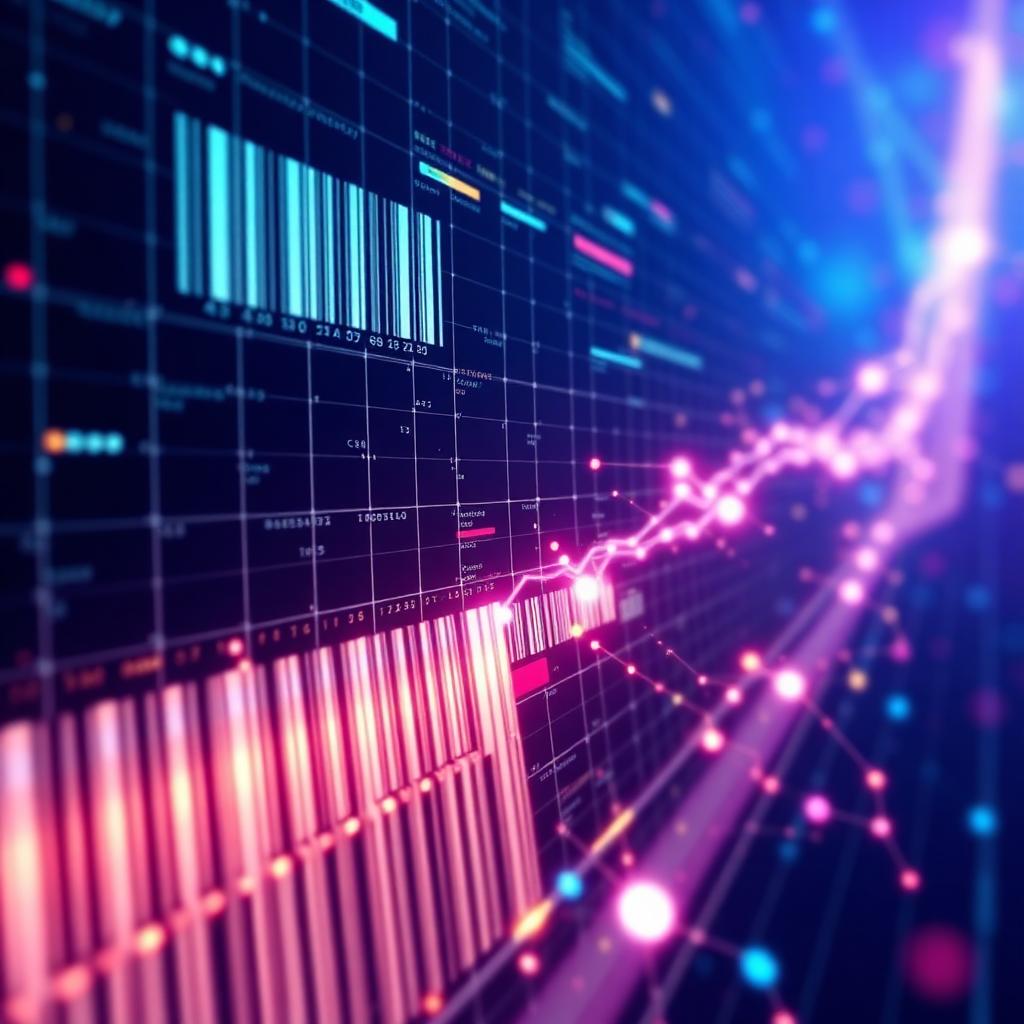 Abstract visualization of barcodes and receipt data dissolving into a flowing network of purchase signals