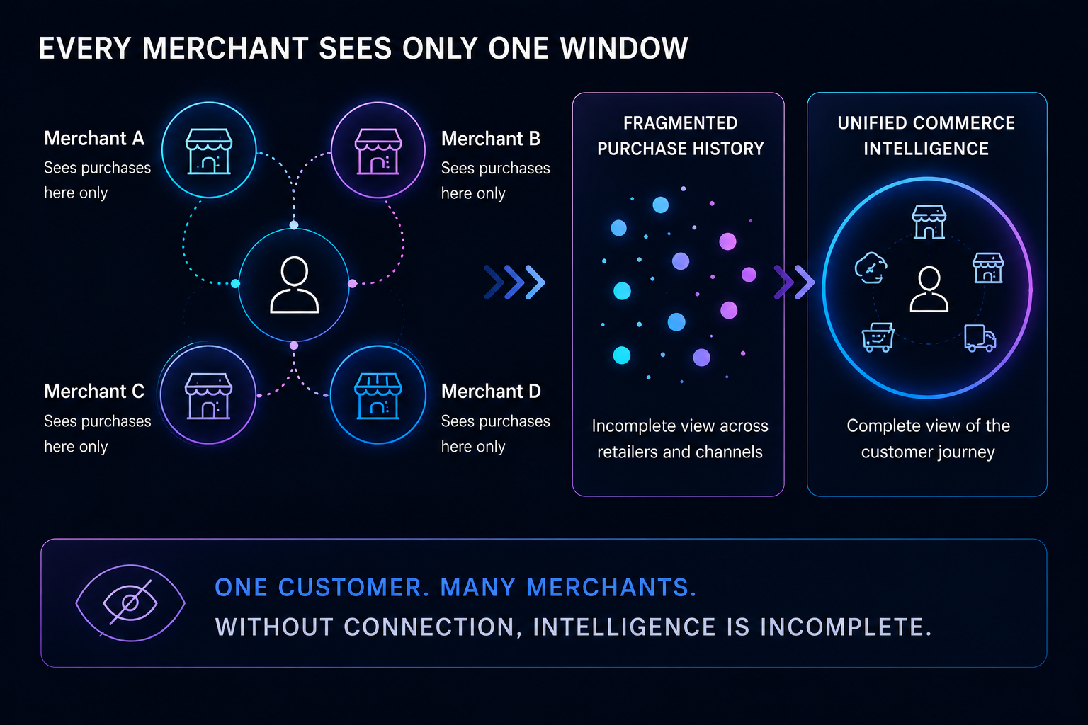 Every merchant sees only one window — fragmented purchase history versus unified commerce intelligence across multiple merchants